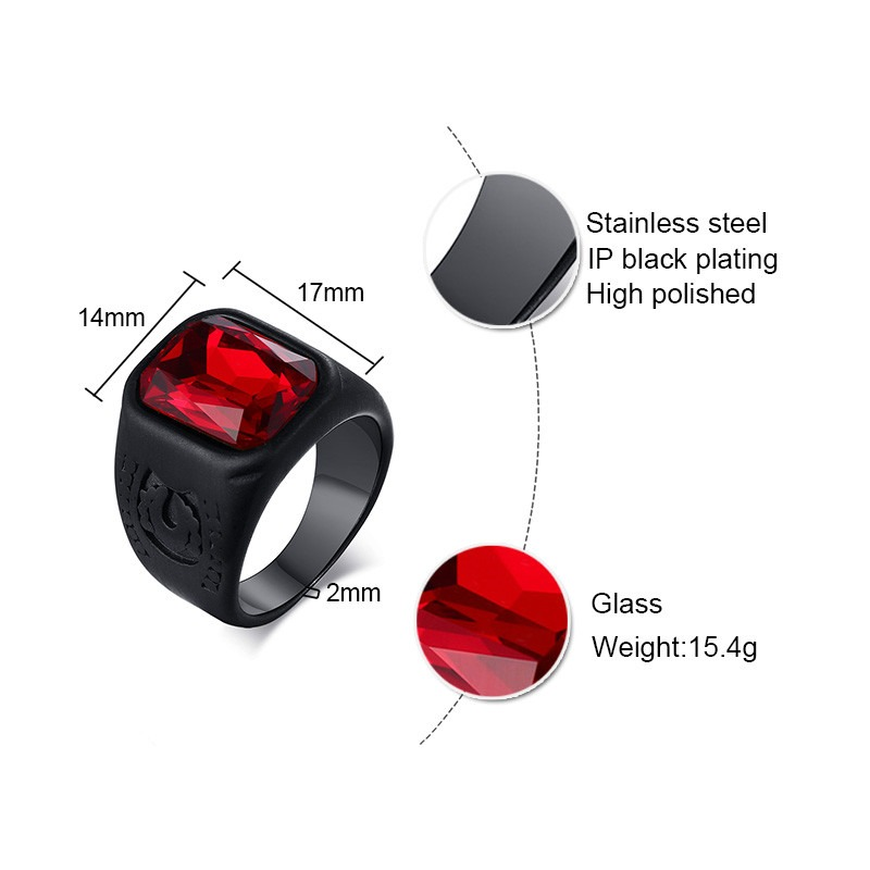 Black Stainless Steel Ring With Red Jewelry Glass / Cool Men's And Women's Finger Accessories - HARD'N'HEAVY