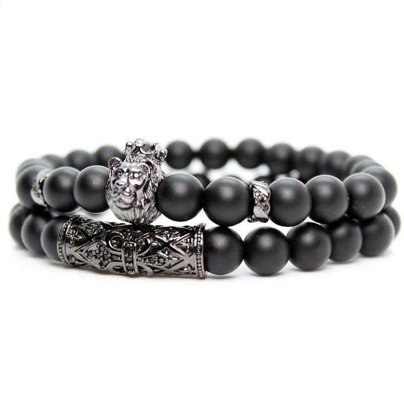 Black Stone Beads Lion’ Head Bracelet / Charm Bracelets For Women and Men / Jewellery Pulseras - HARD'N'HEAVY