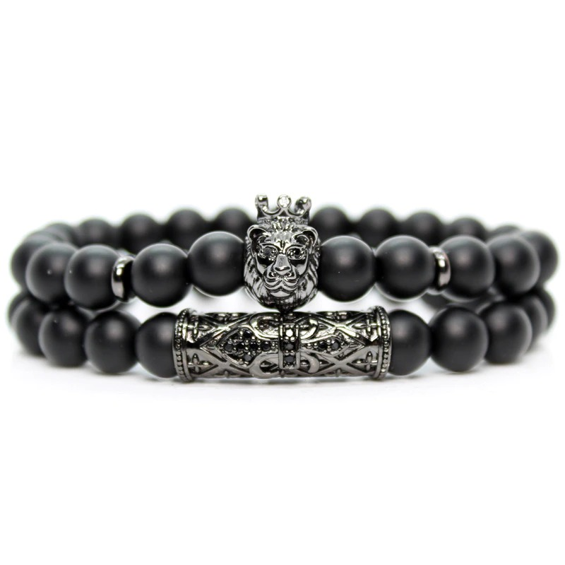 Black Stone Beads Lion’ Head Bracelet / Charm Bracelets For Women and Men / Jewellery Pulseras - HARD'N'HEAVY