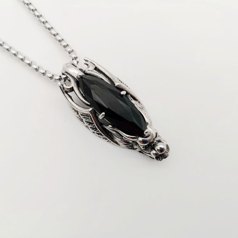 Black Stone Decorated Dragon Head Pendant Necklace / Stainless Steel Punk Jewelry - HARD'N'HEAVY