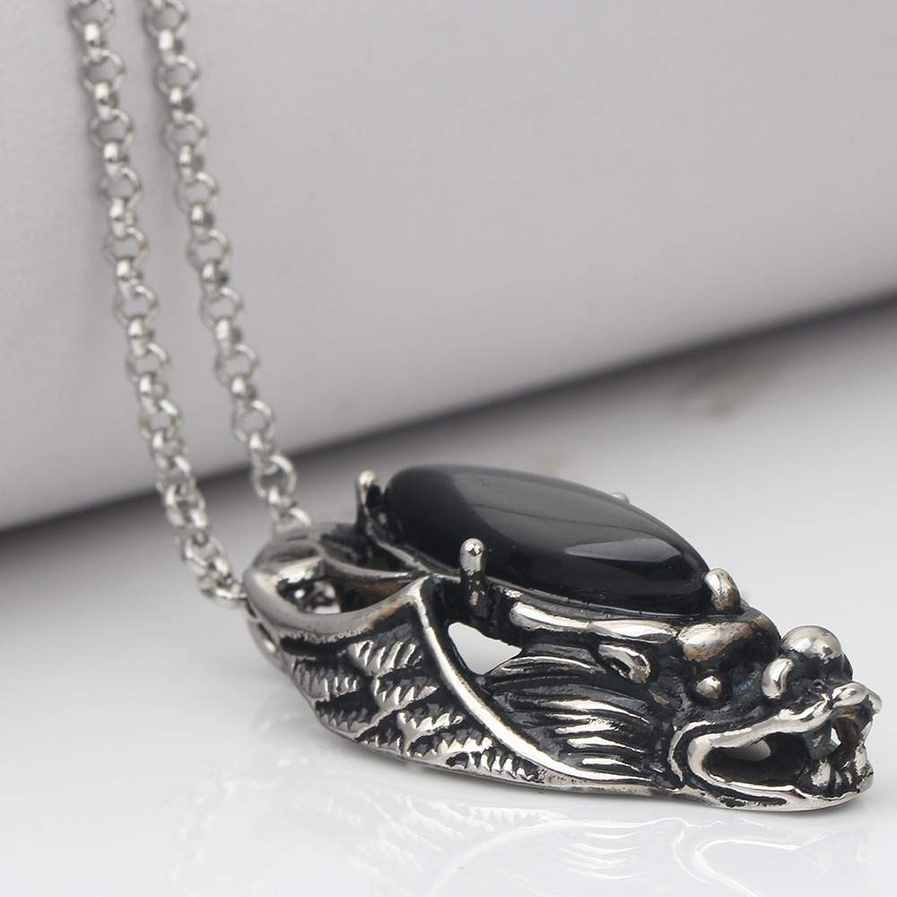 Black Stone Decorated Dragon Head Pendant Necklace in stainless steel, perfect for gothic and punk styles.