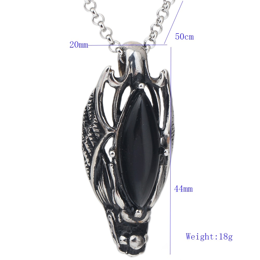 Black stone decorated dragon head pendant necklace with stainless steel chain, gothic punk jewelry, stylish and edgy.