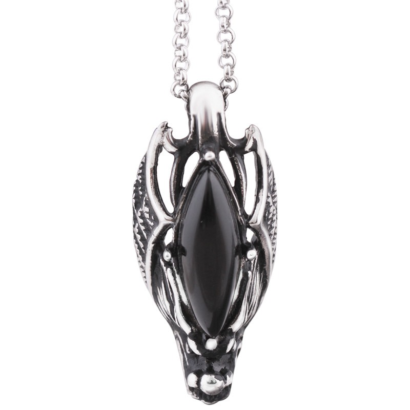 Black stone dragon head pendant necklace in stainless steel, perfect for gothic punk fashion and concert style.