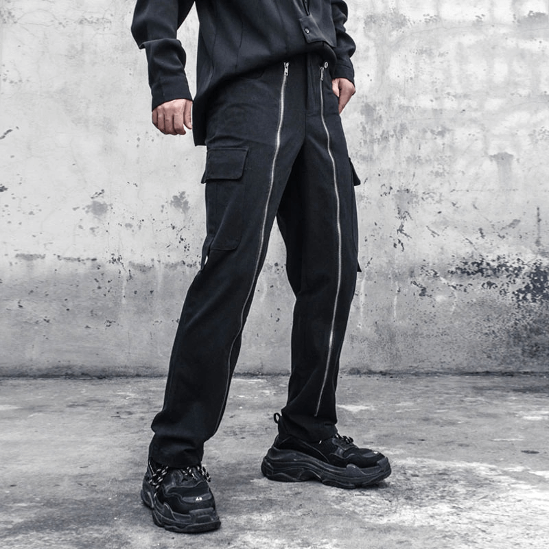 Men's black straight cargo pants with zip decoration, styled for an alternative fashion look.