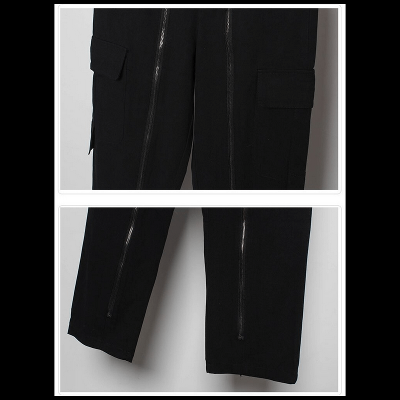 Men's black straight cargo pants with original zip decoration, showcasing modern style and practical design.
