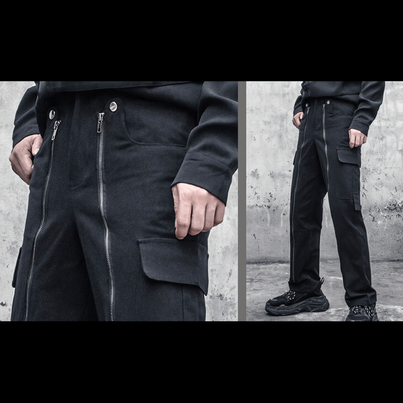 Men's black straight cargo pants with zip decoration, modern alternative style for men.