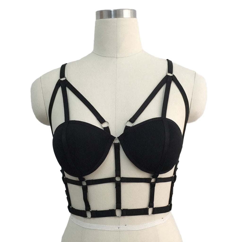 Black strappy cage bra body harness in gothic style, featuring adjustable straps and a chic crop top design.