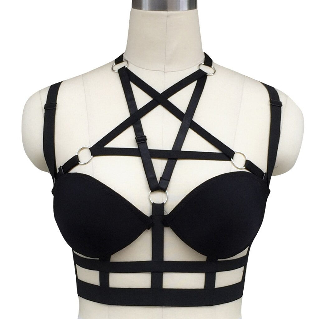 Black Strappy Cage Bra Body Harness featuring gothic style design with adjustable straps and rings.