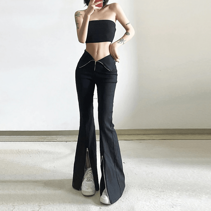Black Stretch Split-hem Pants / High-waisted Zipper Trousers