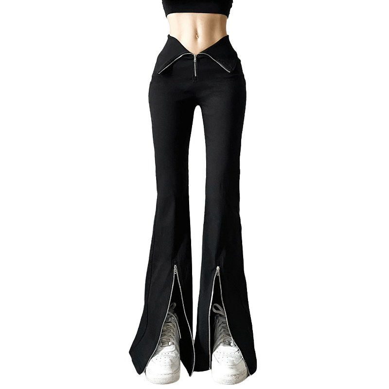 Black high-waisted zipper flared trousers with split hem for women, showcasing alternative fashion style.