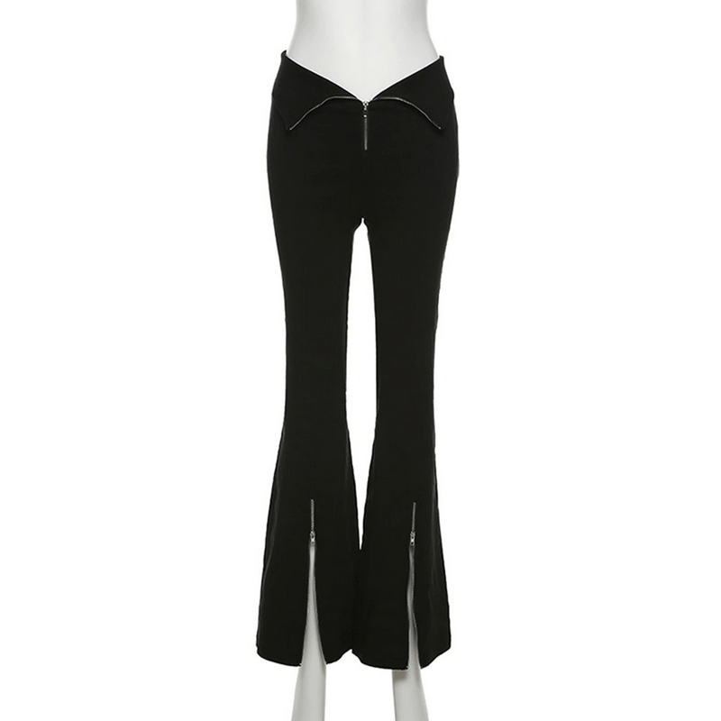 Black Stretch Split-hem Pants / High-waisted Zipper Flared Trousers / Women's Alternative Apparel