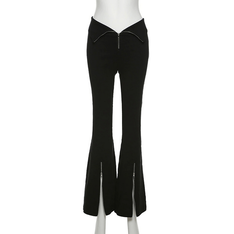 Black high-waisted flared pants with split hems and zipper detail, perfect for alternative women's fashion.