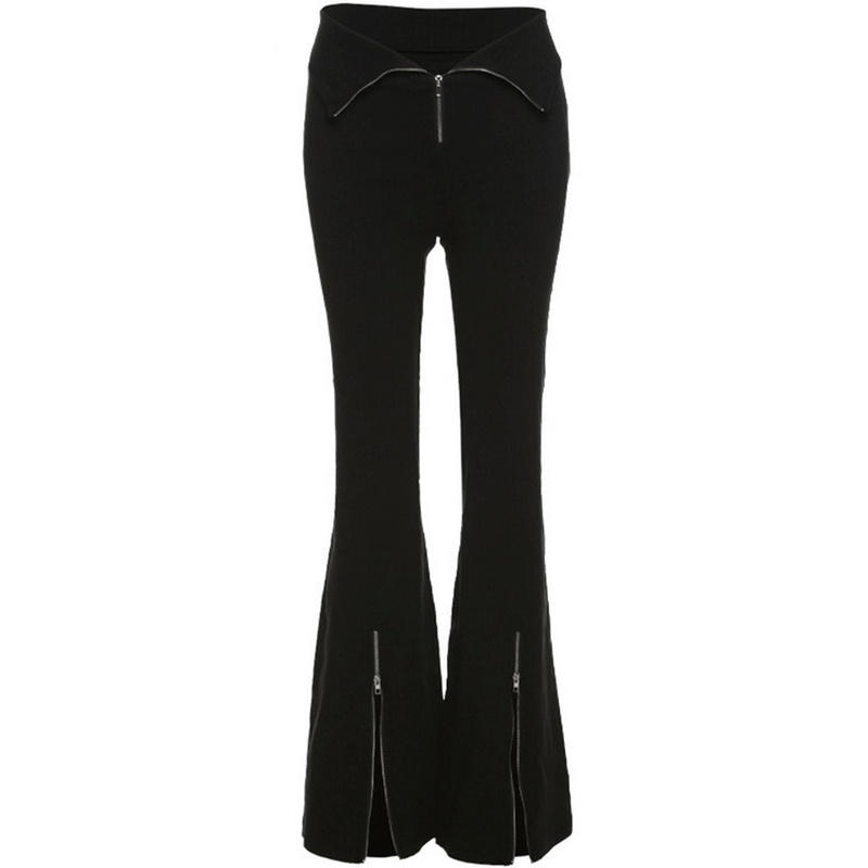 Black Stretch Split-hem Pants / High-waisted Zipper Trousers