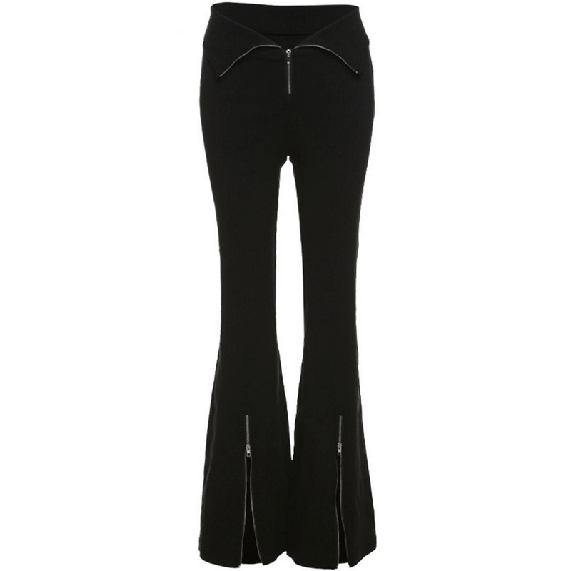 Black high-waisted zipper flared pants with split hem, perfect for alternative style clothing.