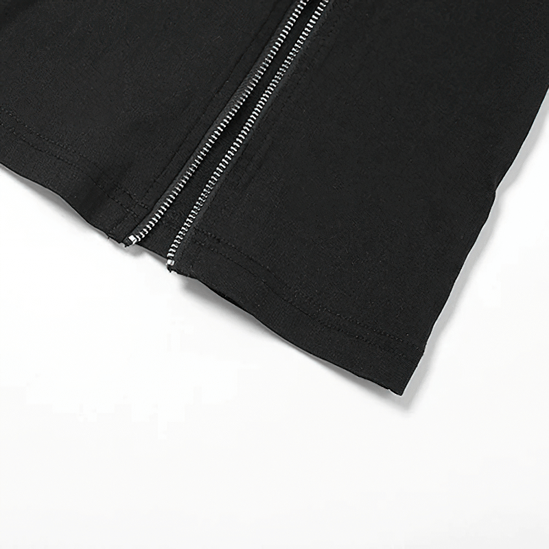 Close-up of the zipper detail on black stretch split-hem pants for women, showcasing alternative style and modern design.