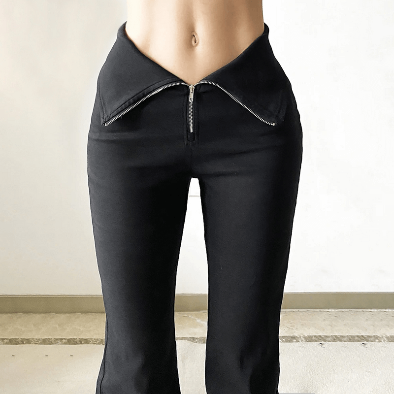 High-waisted black stretch split-hem pants with zipper for women, showcasing modern alternative fashion style.
