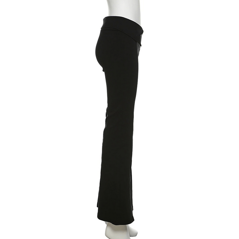 Side view of black stretch split-hem high-waisted flared trousers for women, showcasing modern alternative style.
