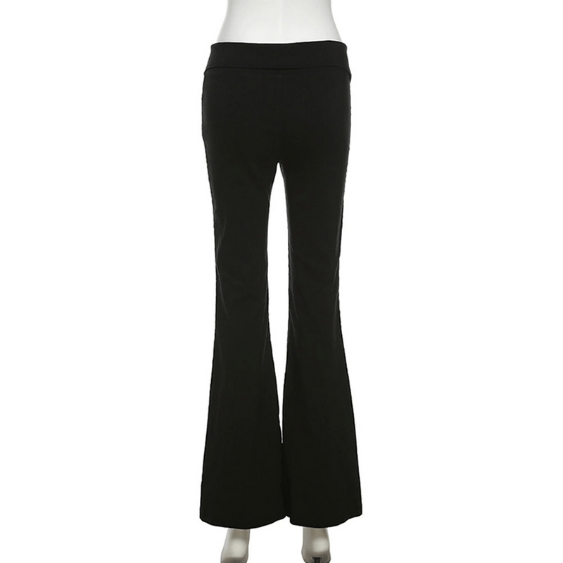 Back view of women’s black high-waisted zipper flared trousers with a stylish split hem design.