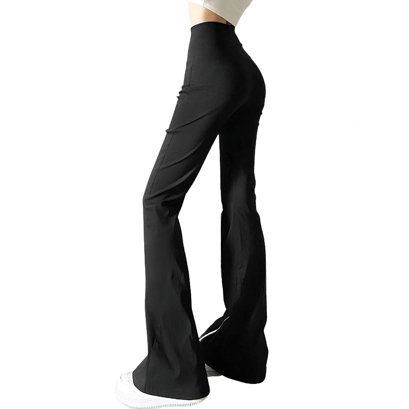 High-waisted black flared trousers showcasing a modern design, perfect for alternative style clothing.