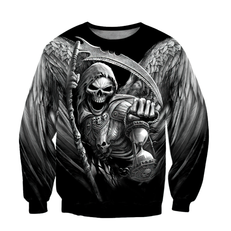 Black sweatshirt featuring a 3D Death print with a skeletal figure and clock, perfect for alternative fashion fans.