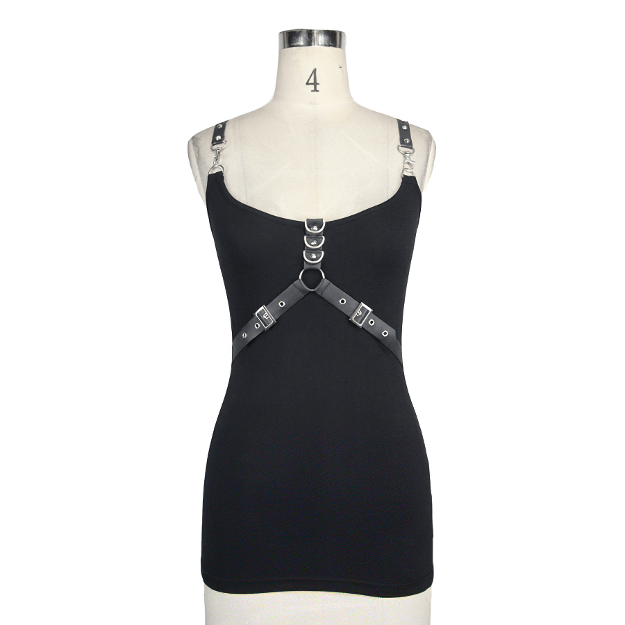 Black Top with Harness Design / Steampunk Sleeveless Slim-Fitting Top with Buckles - HARD'N'HEAVY