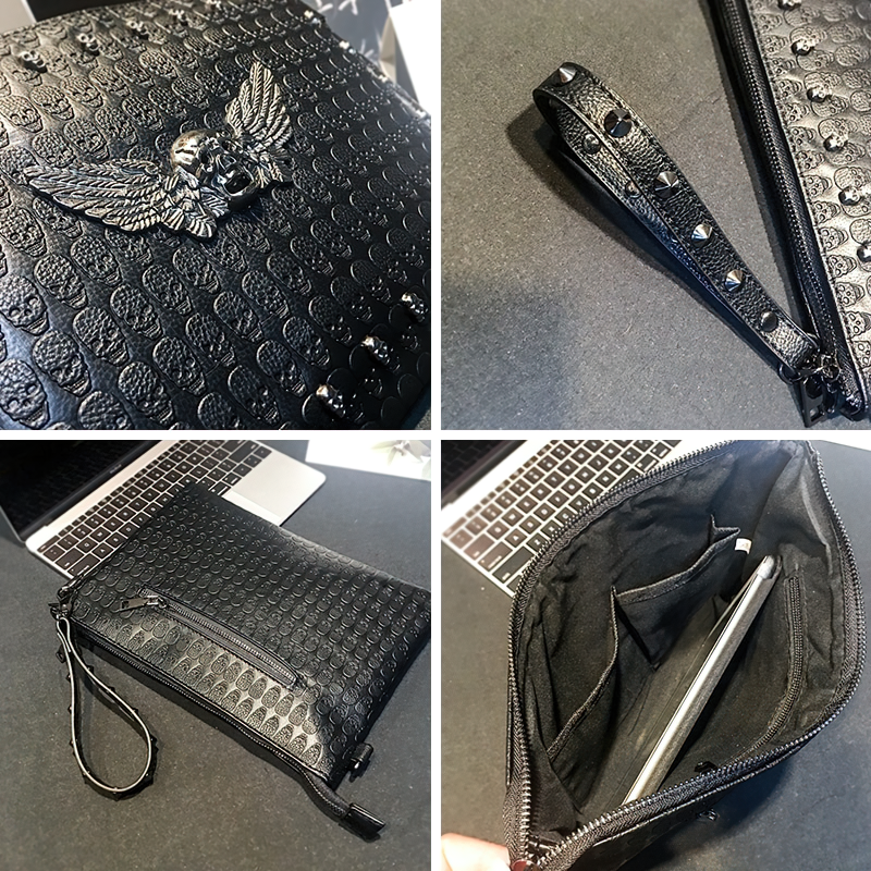 Black unisex shoulder bag with skull and wings, featuring a stylish design and multiple compartments for essentials.