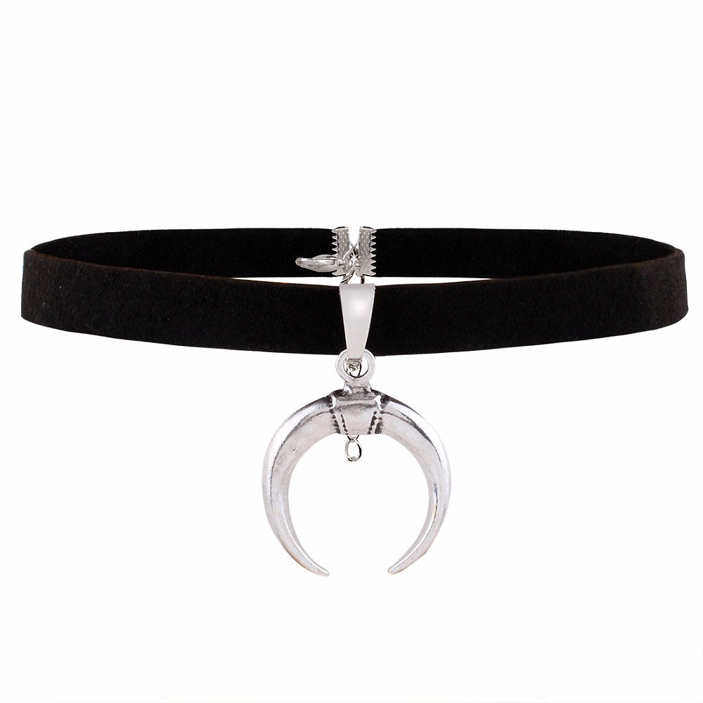 Black Velvet Collar Bondage in Gothic Style / Handmade Charm Moon Pendant - HARD'N'HEAVY