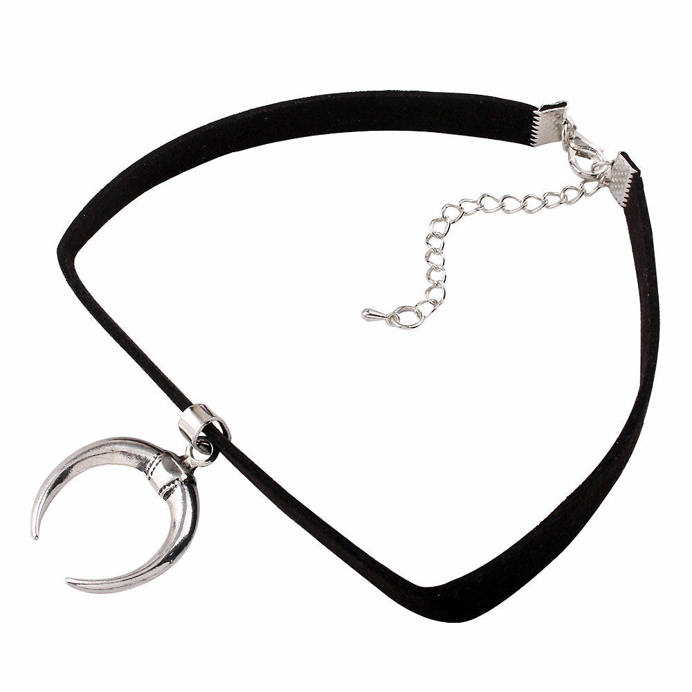 Black Velvet Collar Bondage in Gothic Style / Handmade Charm Moon Pendant - HARD'N'HEAVY