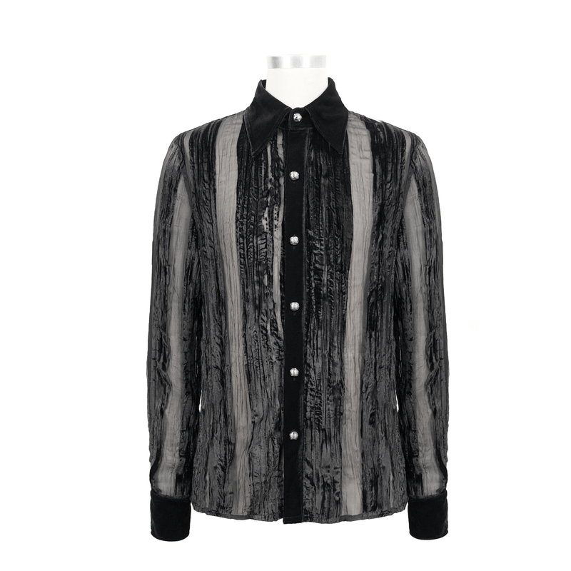 Black Velvet Shirt with Transparent Stripes / Gothic Elegant Shirt with Silver Buttons - HARD'N'HEAVY