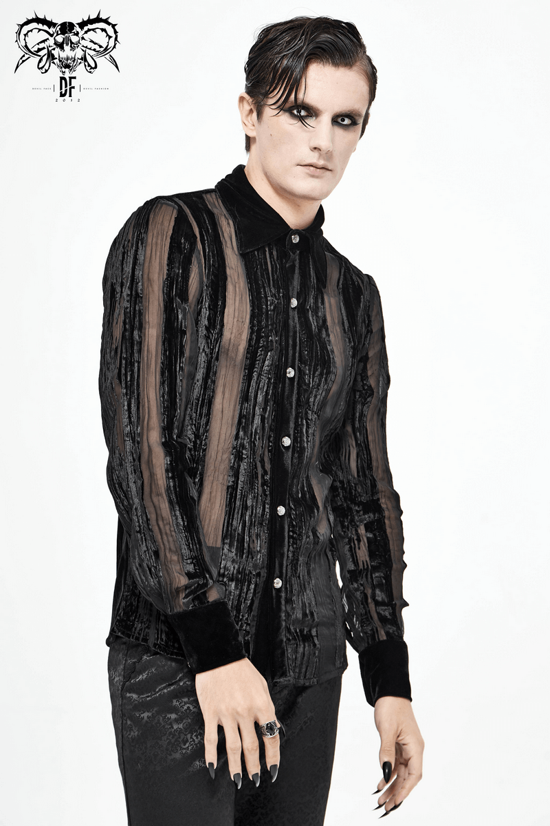 Black Velvet Shirt with Transparent Stripes / Gothic Elegant Shirt with Silver Buttons - HARD'N'HEAVY