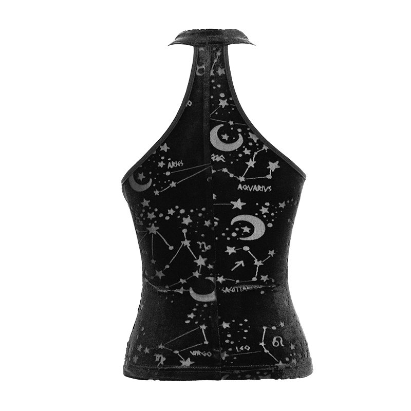 Black velvet halter neck tank top with astrology pattern and embroidery neckline, perfect for gothic style lovers.
