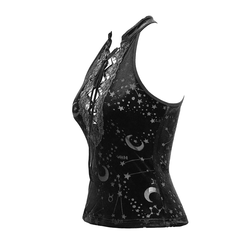 Black velvet tank top with lace trim and astrology pattern, perfect for gothic-style outfits.
