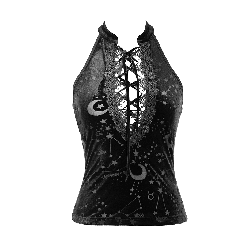 Black velvet tank top with embroidered neckline and astrology pattern for women, perfect for gothic fashion lovers.