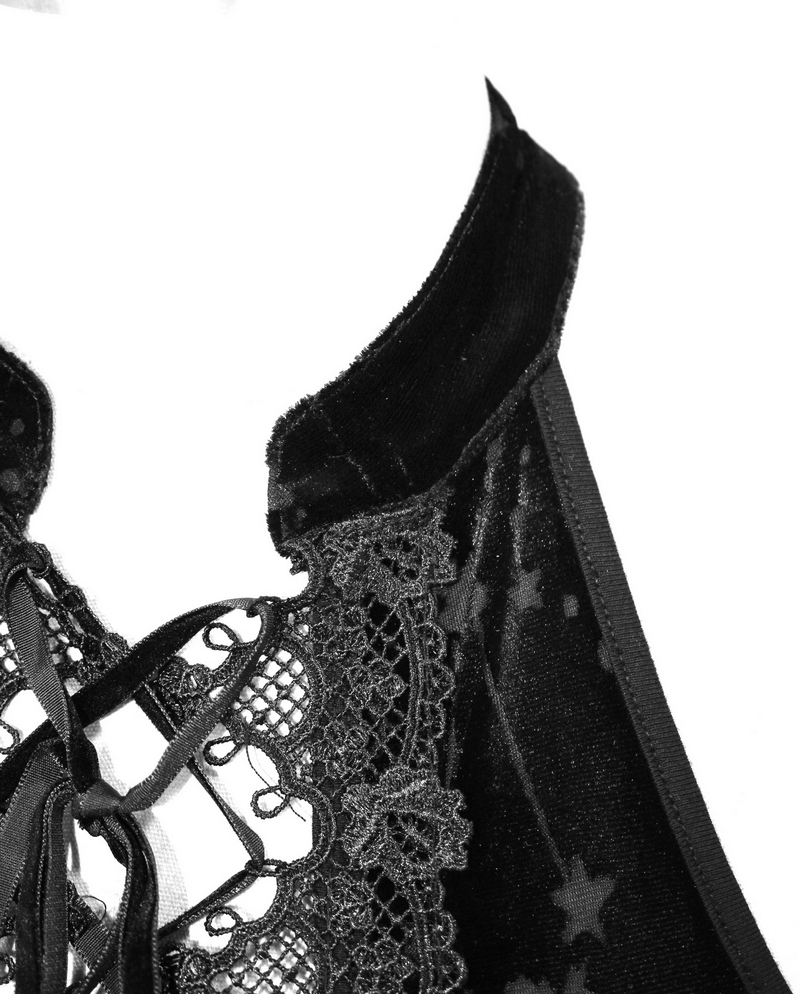 Close-up of black velvet top with intricate embroidery and lace detailing, perfect for gothic fashion lovers.