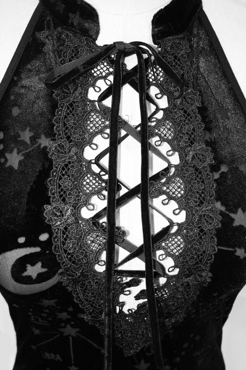 Close-up of black velvet tank top with embroidered neckline and lace details, perfect for gothic style enthusiasts.