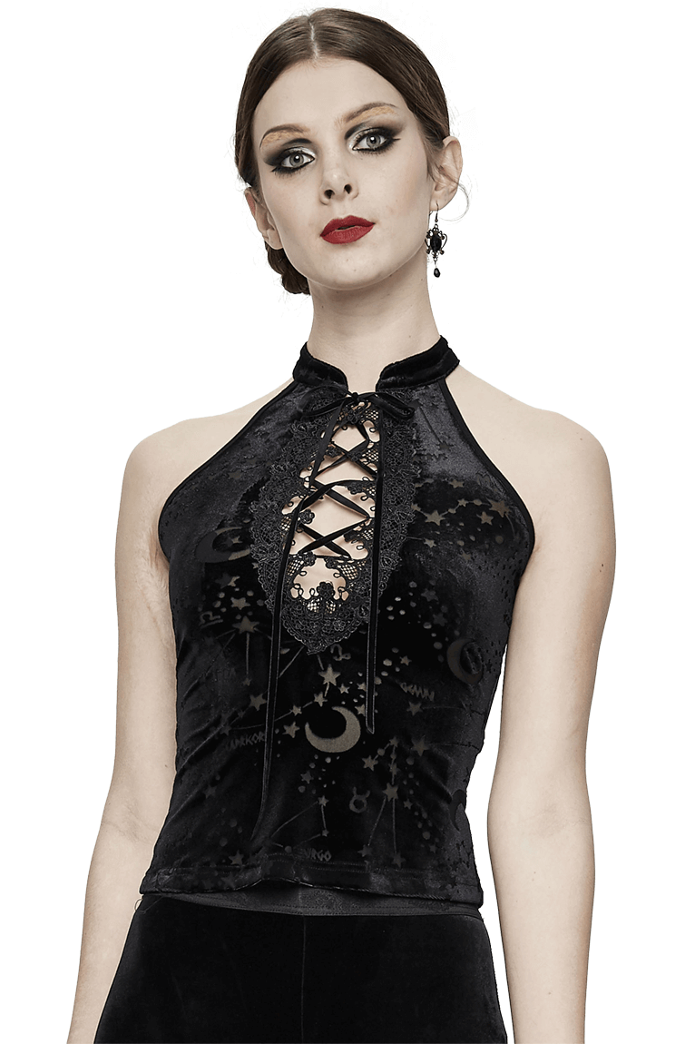 Black Velvet Tank Top With Embroidery Neckline and Astrology Pattern / Gothic Clothing for Women - HARD'N'HEAVY