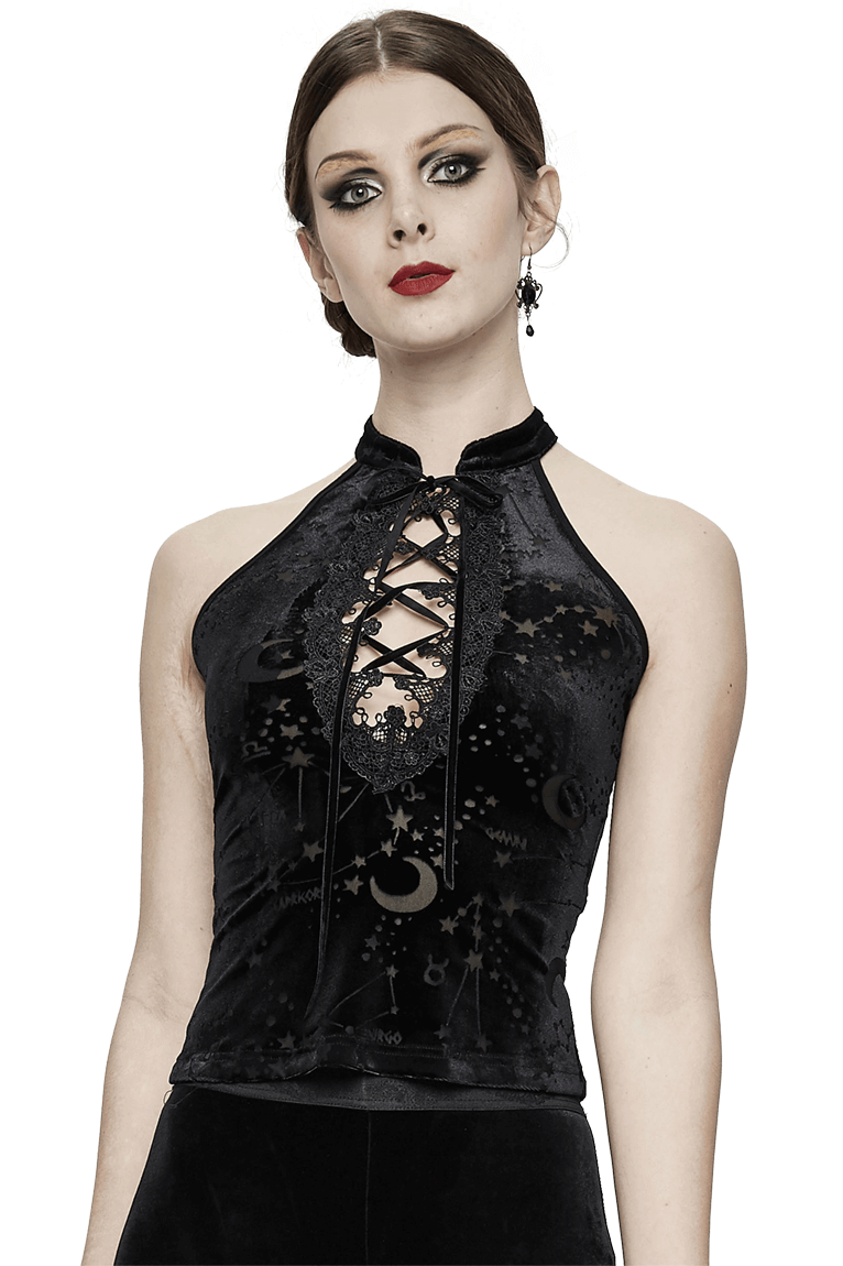 Elegant black velvet tank top with lace-up neckline and astrology patterns, perfect for gothic fashion lovers.