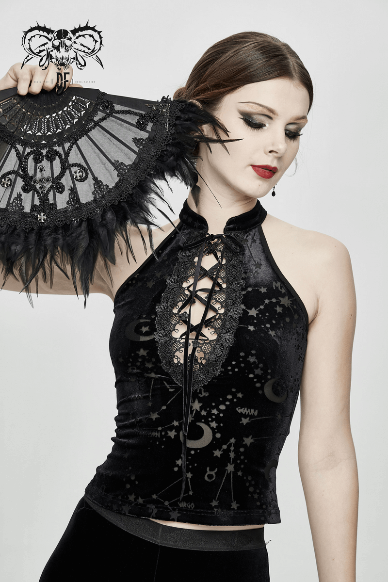 Gothic black velvet tank top with embroidery neckline and astrology pattern, paired with a stylish fan.