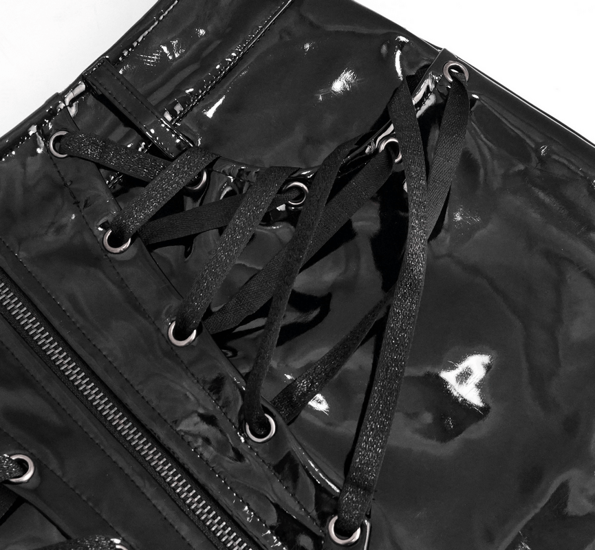 Black Vinil Mini Skirt with Pockets / Gothic Style Zipper Skirt with Lacings on Front - HARD'N'HEAVY