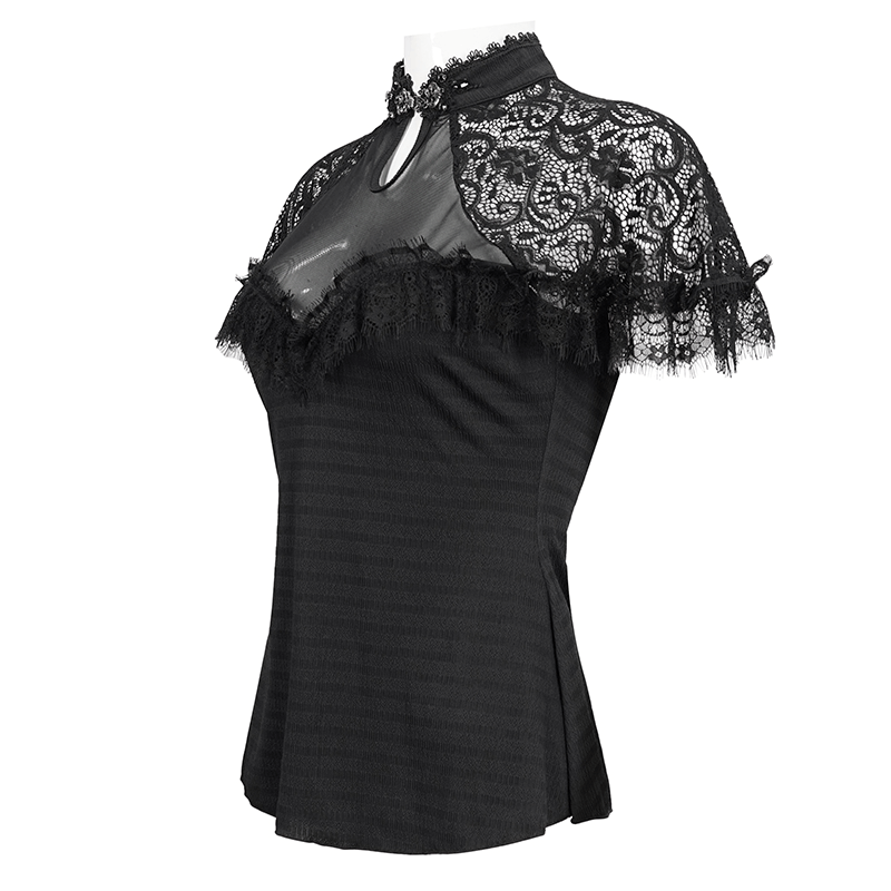 Elegant women's black vintage lace t-shirt with short raglan sleeves and slim fit for gothic style.