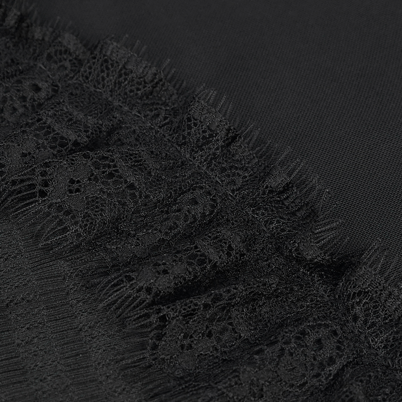 Close-up of black vintage lace detail on women's slim V-neck T-shirt, highlighting stylish gothic design.