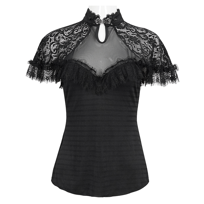 Black Vintage Lace Short Raglan Sleeves T-Shirt For Women / Gothic Female V-Neck Slim T-Shirts
