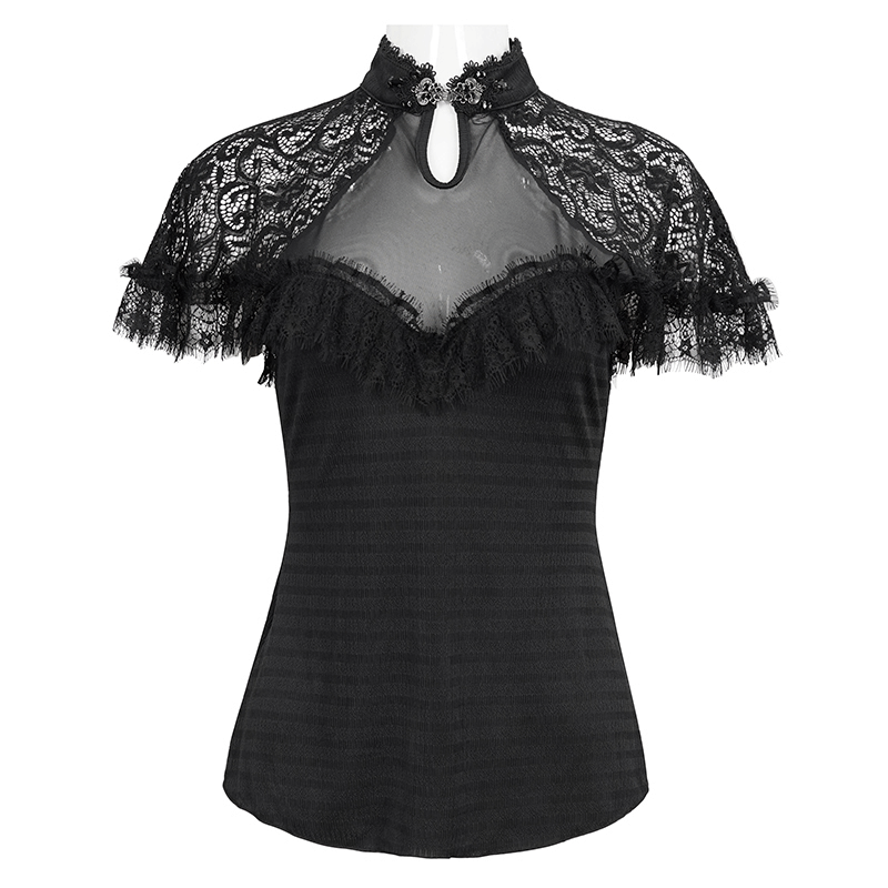 Stylish black vintage lace short raglan sleeves t-shirt for women with slim fit and elegant design.