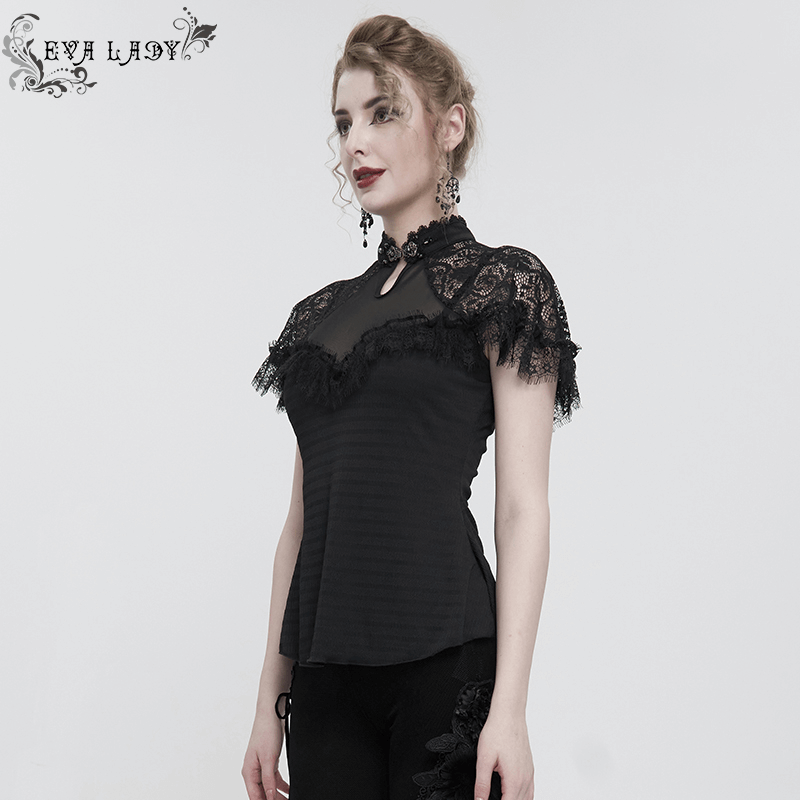 Stylish black vintage lace short sleeve t-shirt for women, featuring a slim fit and V-neck design.