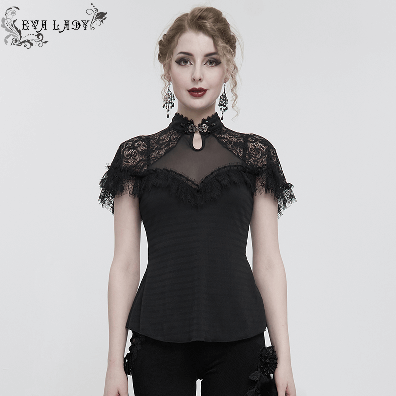Elegant black vintage lace top for women with short raglan sleeves and a stylish keyhole design.