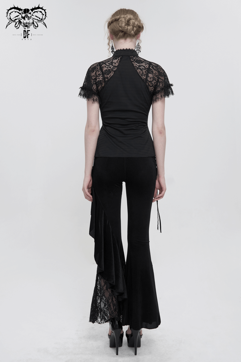 Black Vintage Lace Short Raglan Sleeves T-Shirt For Women / Gothic Female V-Neck Slim T-Shirts