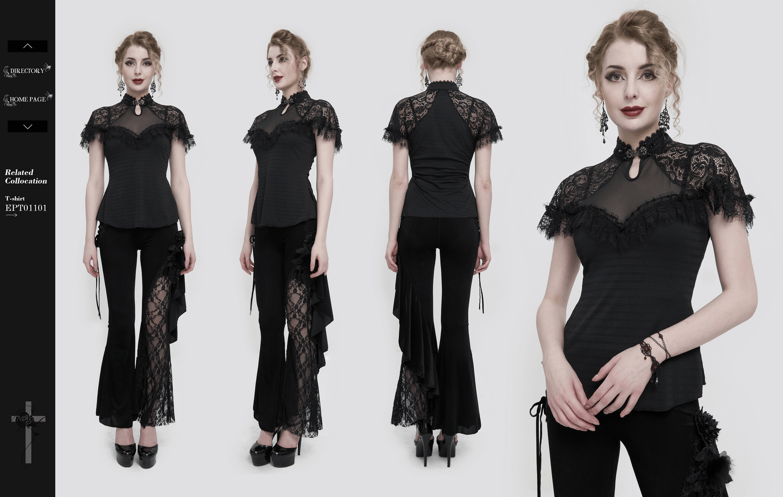 Stylish woman in a black vintage lace t-shirt with short raglan sleeves, paired with elegant black pants, perfect for Gothic fashion.