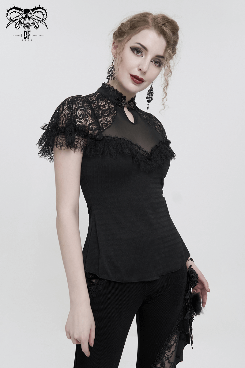 Elegant model in a black vintage lace short raglan sleeve t-shirt, showcasing a gothic style and slim fit.
