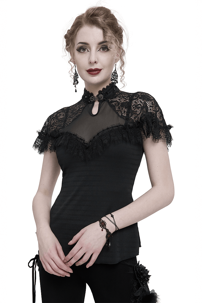 Stylish woman wearing a black vintage lace short sleeve t-shirt with a slim fit and V-neck, perfect for gothic casual outfits.