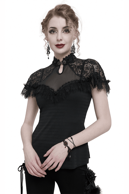 黒のヴィンテージレース ショートラグランスリーブ Tシャツ 女性用 / ゴシック女性用 Vネック スリム Tシャツ